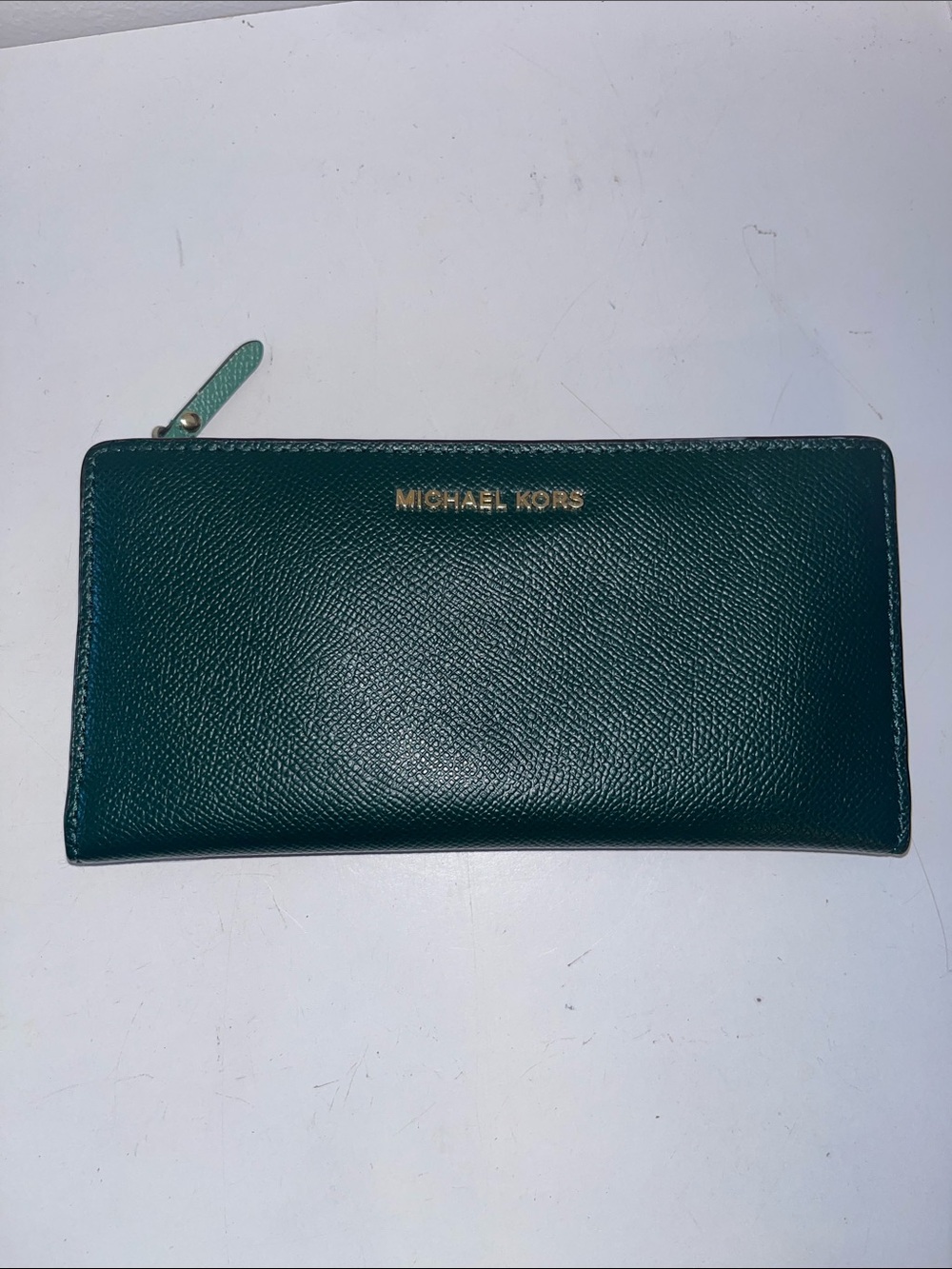 MICHAEL KORS DARK GREEN WITH MULTI GREEN INSIDE CROSS GRAIN LEATHER WALLET